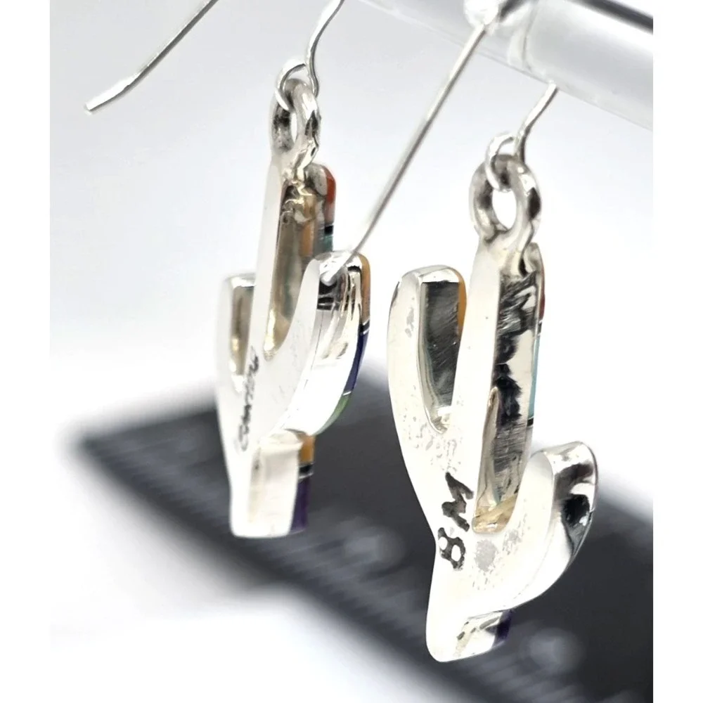 Multi-Gemstone Cacti Earrings Sterling Silver Inlays 0.94" Handmade Signed NEW - Picture 13 of 13